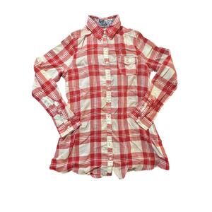 Hollister Women’s Plaid Button Down Tunic Shirt Red White Long Sleeve Size L